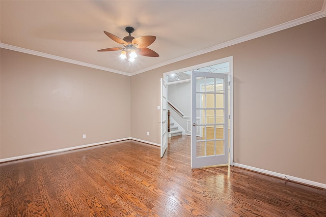 6018 Rapid Creek Ct, Houston, TX 77345 - spare room with a ceiling fan, ornamental molding, wood finished floors, and stairway
