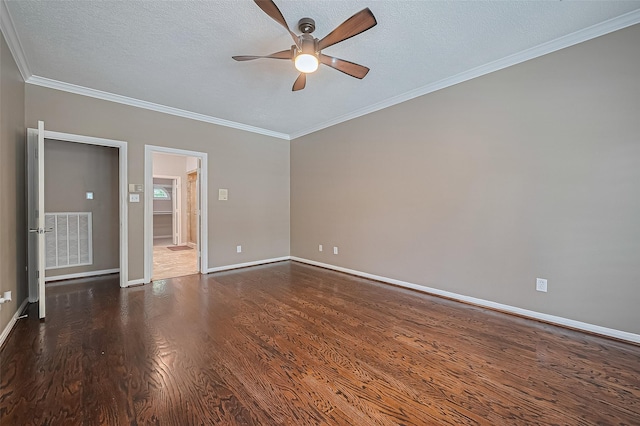 6018 Rapid Creek Ct, Houston, TX 77345 - unfurnished room with a ceiling fan, crown molding, dark wood-style floors, and a textured ceiling