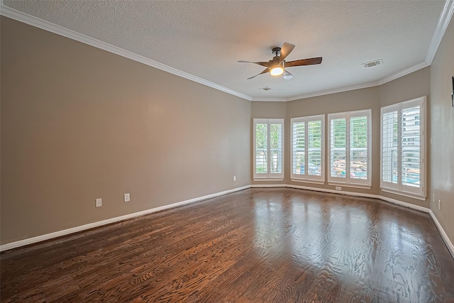 6018 Rapid Creek Ct, Houston, TX 77345 - empty room featuring dark wood-style flooring, a ceiling fan, a textured ceiling, and ornamental molding