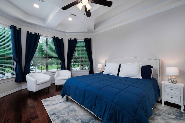 1600 Wimbledon Dr, Huntsville, TX 77340 - bedroom featuring multiple windows, wood finished floors, beam ceiling, ceiling fan, and ornamental molding