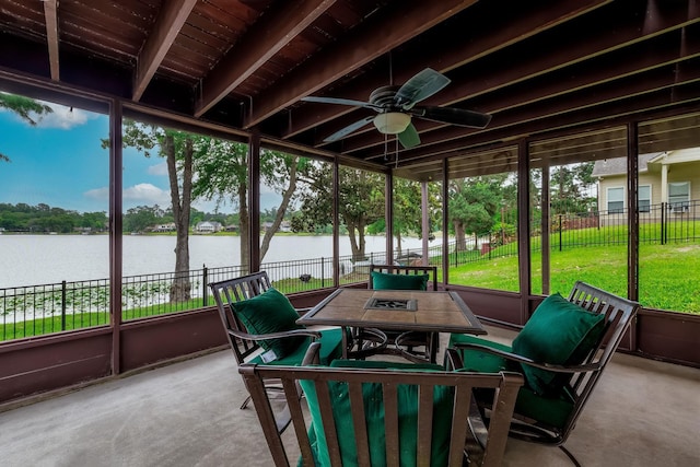 1600 Wimbledon Dr, Huntsville, TX 77340 - sunroom / solarium with a water view, ceiling fan, and outdoor dining area