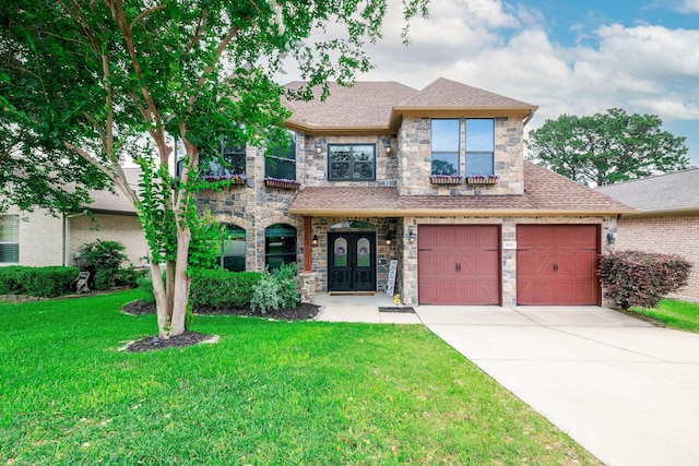1600 Wimbledon Dr, Huntsville, TX 77340 - view of front of home with stone siding, concrete driveway, a front lawn, and a shingled roof