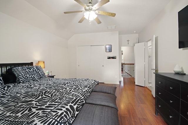 1202 Fairlane Sq, Channelview, TX 77530 - bedroom featuring wood finished floors, a closet, a ceiling fan, and vaulted ceiling