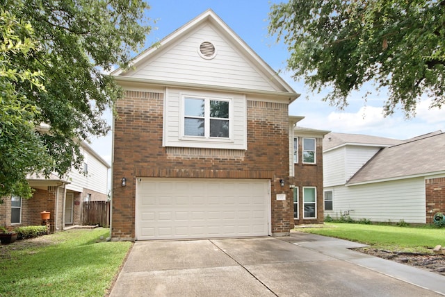 1202 Fairlane Sq, Channelview, TX 77530 - view of front facade featuring concrete driveway, brick siding, a front lawn, and a garage