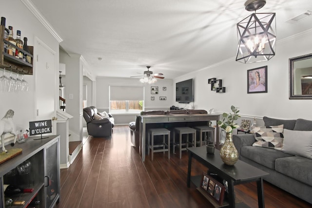 1202 Fairlane Sq, Channelview, TX 77530 - living room featuring ornamental molding, dark wood-style flooring, and ceiling fan