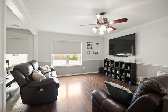 1202 Fairlane Sq, Channelview, TX 77530 - living room featuring a ceiling fan, hardwood / wood-style floors, and ornamental molding