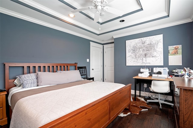 1719 Guese Rd, Houston, TX 77008 - bedroom featuring dark wood-style floors, a tray ceiling, an office area, recessed lighting, and a ceiling fan