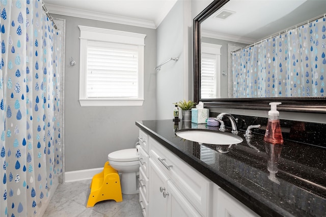 1719 Guese Rd, Houston, TX 77008 - full bathroom featuring vanity, healthy amount of natural light, ornamental molding, and a shower with curtain