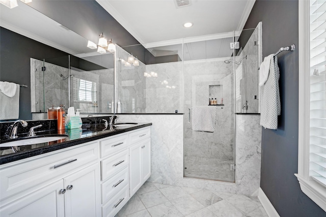 1719 Guese Rd, Houston, TX 77008 - full bath with double vanity, ornamental molding, a stall shower, marble finish floors, and recessed lighting