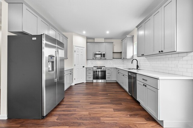 101 Callie St, Smithville, TX 78957 - kitchen with stainless steel appliances, gray cabinetry, dark wood finished floors, tasteful backsplash, and recessed lighting