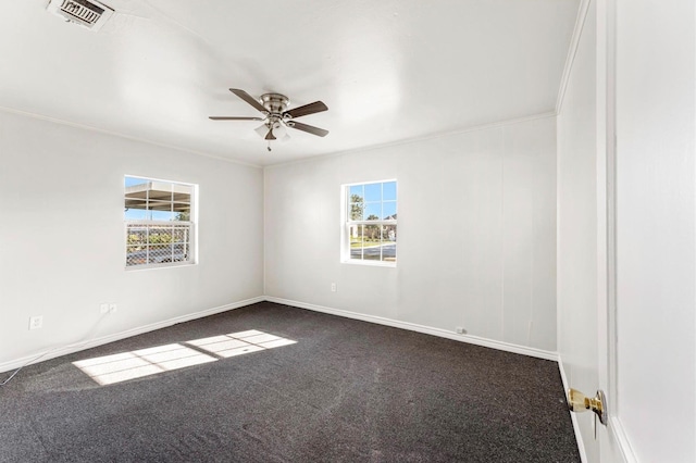 4637 Carmen St, Houston, TX 77051 - empty room with dark colored carpet, a ceiling fan, and ornamental molding
