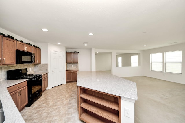 2702 Urban Glen Ct, Houston, TX 77038 - kitchen featuring black appliances, open shelves, backsplash, a center island, and recessed lighting