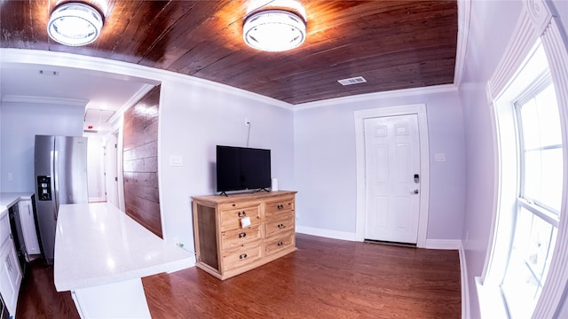6201 Heards Ln, Galveston, TX 77551 - entryway with wooden ceiling, dark wood-type flooring, and crown molding