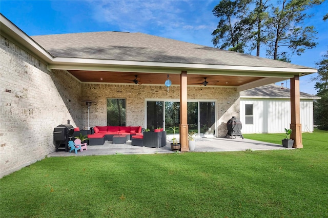 25142 W Tara Plantation Dr, Tomball, TX 77375 - back of house featuring an outdoor hangout area, a ceiling fan, a patio, a yard, and roof with shingles