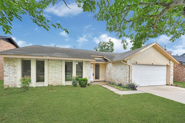 2730 Mesquite Dr, Sugar Land, TX 77479 - ranch-style house featuring a garage, a front lawn, concrete driveway, a shingled roof, and stone siding