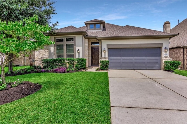 23 N Wheatleigh Dr, Tomball, TX 77375 - view of front facade with stucco siding, concrete driveway, a front lawn, a garage, and a shingled roof