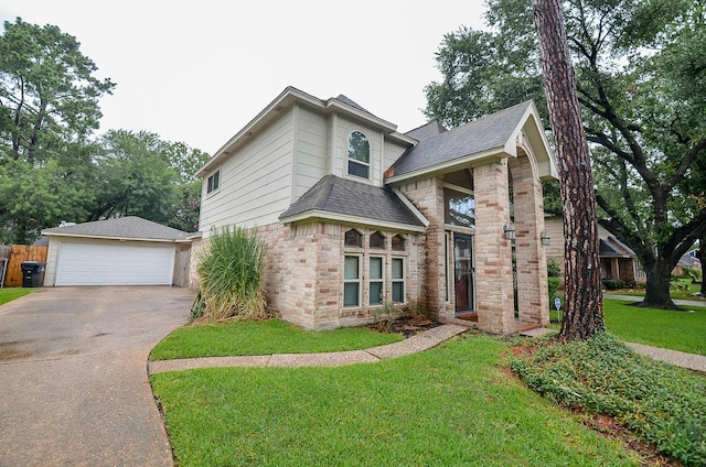 22410 Bucktrout Ln, Katy, TX 77449 - view of front of house featuring a front lawn, roof with shingles, brick siding, and a garage