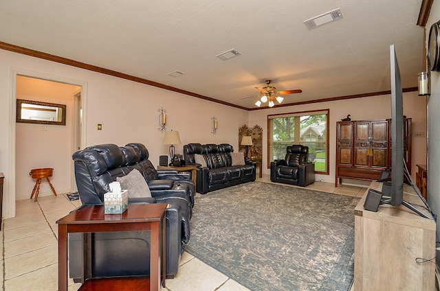 22410 Bucktrout Ln, Katy, TX 77449 - living room with light tile patterned flooring, ceiling fan, and crown molding