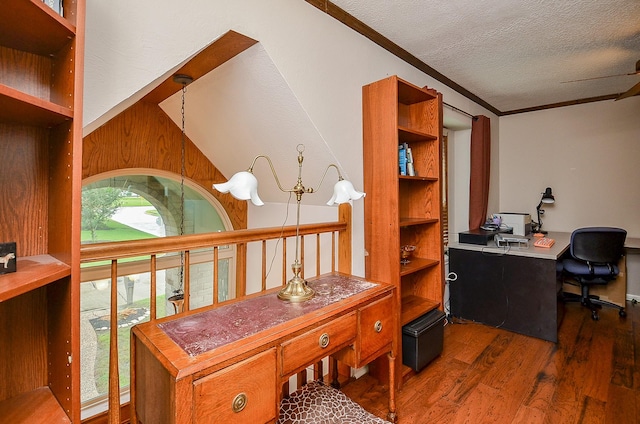 22410 Bucktrout Ln, Katy, TX 77449 - office area with wood finished floors, a textured ceiling, and crown molding