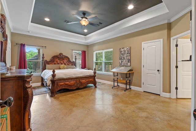 806 Garrett Dr, Magnolia, TX 77354 - bedroom featuring a tray ceiling, crown molding, recessed lighting, and a ceiling fan