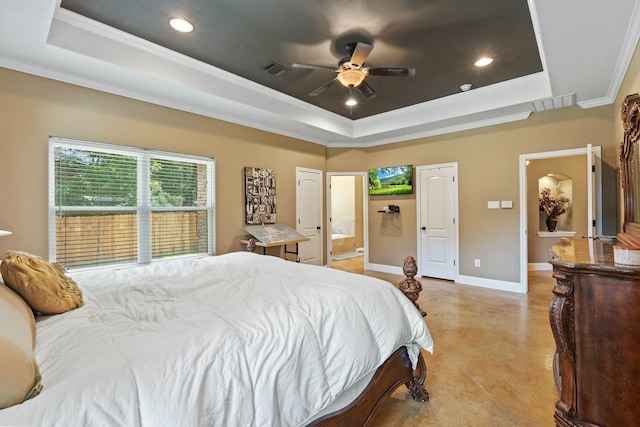 806 Garrett Dr, Magnolia, TX 77354 - bedroom with a tray ceiling, ornamental molding, recessed lighting, finished concrete floors, and ensuite bathroom
