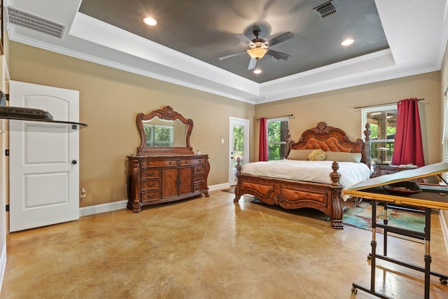 806 Garrett Dr, Magnolia, TX 77354 - bedroom featuring a raised ceiling, crown molding, access to exterior, recessed lighting, and concrete flooring