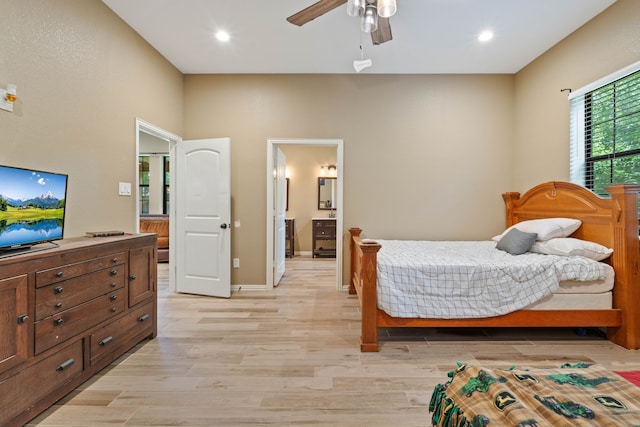 806 Garrett Dr, Magnolia, TX 77354 - bedroom featuring light wood-style flooring, recessed lighting, ensuite bathroom, and a ceiling fan