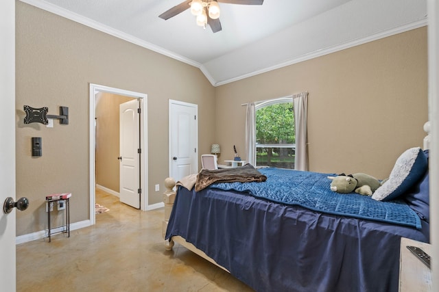 806 Garrett Dr, Magnolia, TX 77354 - bedroom with ornamental molding, lofted ceiling, concrete flooring, and a ceiling fan