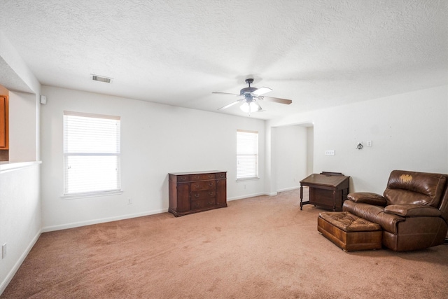 2630 Skyview Crest Ct, Houston, TX 77047 - living area with light colored carpet, a ceiling fan, and a textured ceiling