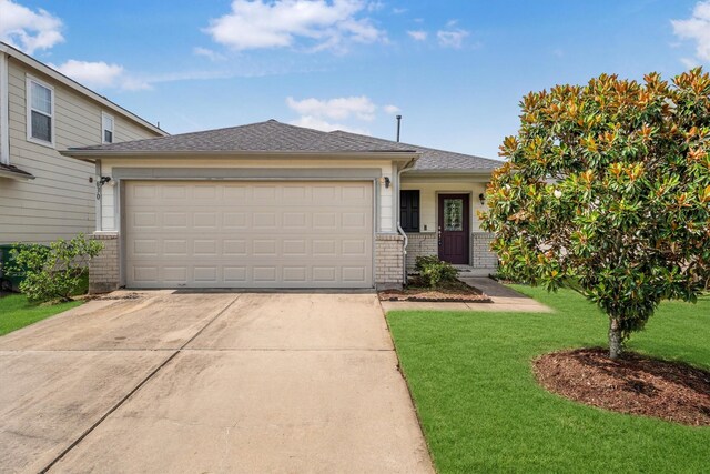 2630 Skyview Crest Ct, Houston, TX 77047 - view of front facade with concrete driveway, a garage, a front yard, brick siding, and roof with shingles