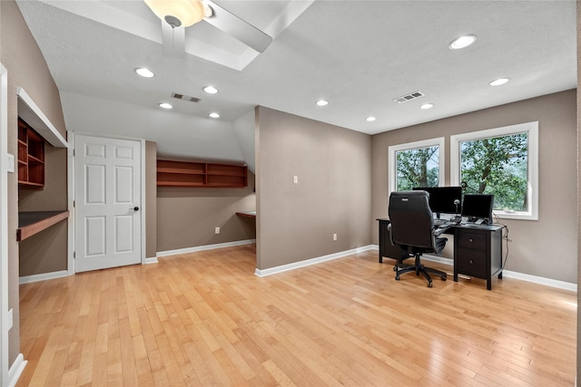 4611 Diamond Springs Dr, Missouri City, TX 77459 - office area featuring light wood-style floors, a ceiling fan, and recessed lighting