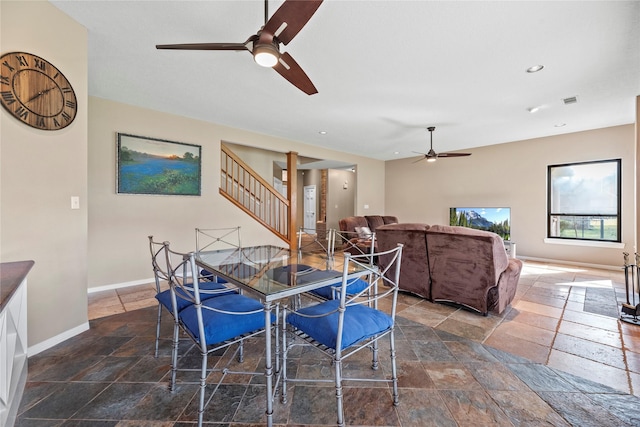 4611 Diamond Springs Dr, Missouri City, TX 77459 - dining space with ceiling fan, stone tile floors, stairway, and recessed lighting