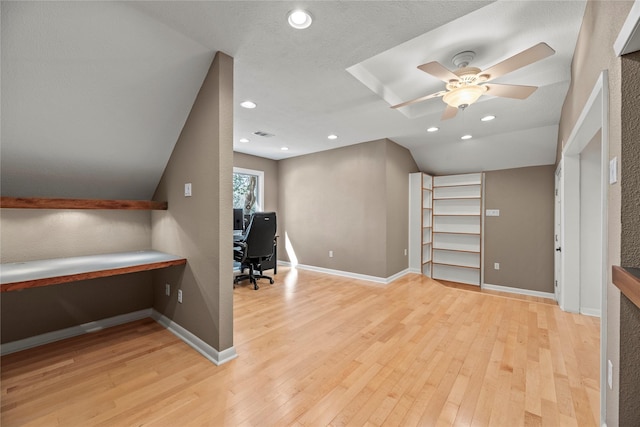 4611 Diamond Springs Dr, Missouri City, TX 77459 - unfurnished office with light wood finished floors, a ceiling fan, recessed lighting, and vaulted ceiling