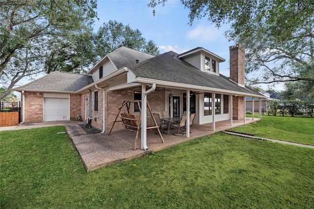 4611 Diamond Springs Dr, Missouri City, TX 77459 - rear view of house featuring a chimney, brick siding, a garage, and roof with shingles
