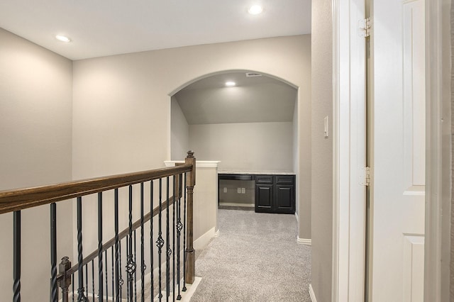 20226 Overland Hills Ln, Cypress, TX 77433 - hall with carpet, an upstairs landing, arched walkways, and recessed lighting