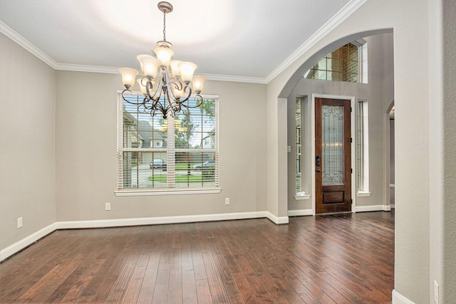 20226 Overland Hills Ln, Cypress, TX 77433 - entryway featuring arched walkways, a chandelier, hardwood / wood-style flooring, and crown molding