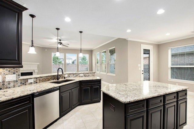 20226 Overland Hills Ln, Cypress, TX 77433 - kitchen featuring stainless steel dishwasher, crown molding, tasteful backsplash, ceiling fan, and recessed lighting