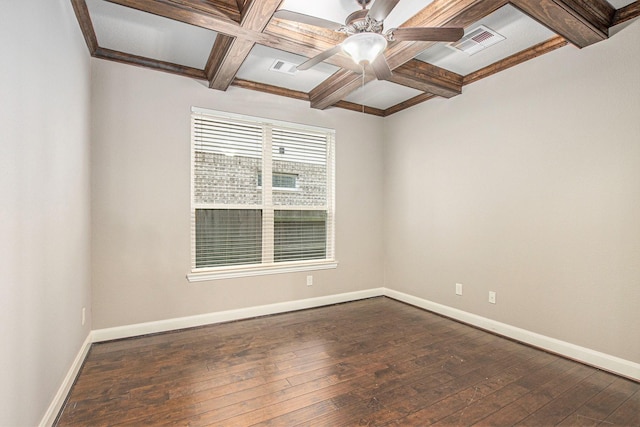 20226 Overland Hills Ln, Cypress, TX 77433 - empty room with coffered ceiling, ceiling fan, dark wood finished floors, and beamed ceiling