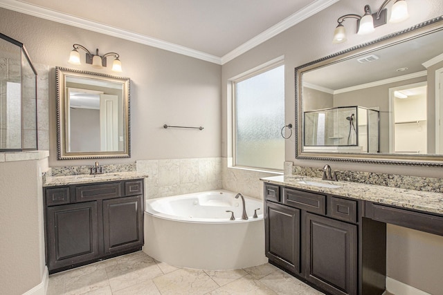 20226 Overland Hills Ln, Cypress, TX 77433 - bathroom featuring a shower stall, a tub with jets, ornamental molding, and two vanities