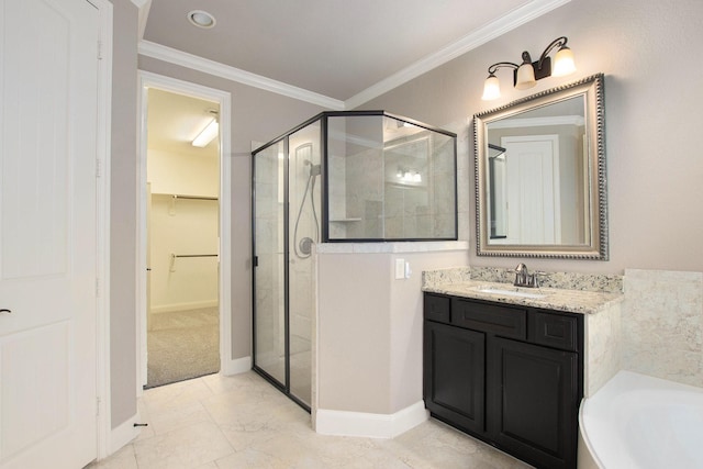 20226 Overland Hills Ln, Cypress, TX 77433 - bathroom with a stall shower, crown molding, a spacious closet, vanity, and a garden tub