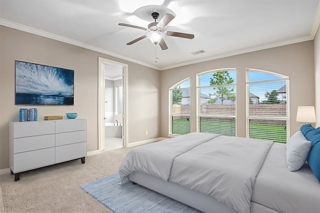 20226 Overland Hills Ln, Cypress, TX 77433 - bedroom with light carpet, crown molding, ensuite bath, and a ceiling fan