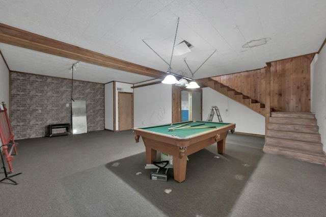 17230 Pioneer Trl, Conroe, TX 77302 - rec room featuring billiards table, carpet flooring, beamed ceiling, and brick wall