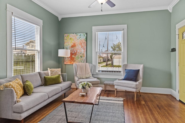 2413 34th St, Galveston, TX 77550 - living area with plenty of natural light, ornamental molding, wood finished floors, and ceiling fan