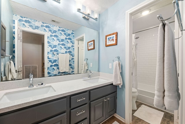6 Heathstone Pl, The Woodlands, TX 77381 - full bathroom with double vanity and shower / bath combo with shower curtain