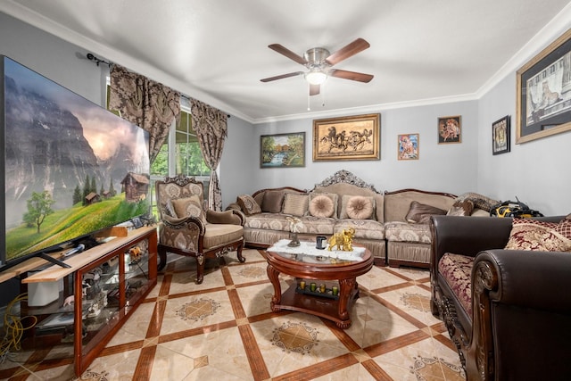 26145 Shadow Ln, New Caney, TX 77357 - living area with ceiling fan and crown molding