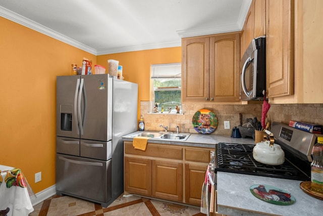 26145 Shadow Ln, New Caney, TX 77357 - kitchen featuring appliances with stainless steel finishes, inlaid floor details, light countertops, ornamental molding, and decorative backsplash