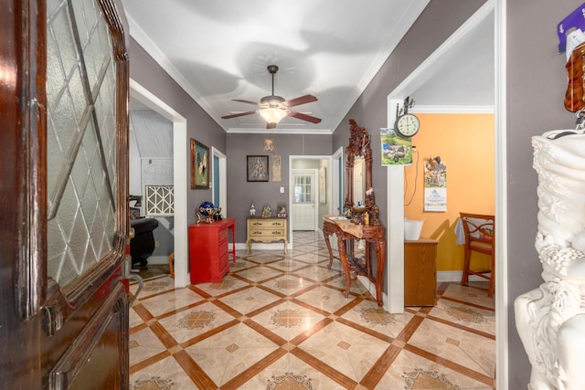 26145 Shadow Ln, New Caney, TX 77357 - foyer with ceiling fan and crown molding