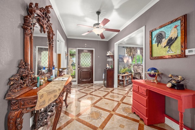 26145 Shadow Ln, New Caney, TX 77357 - foyer entrance with a ceiling fan and crown molding