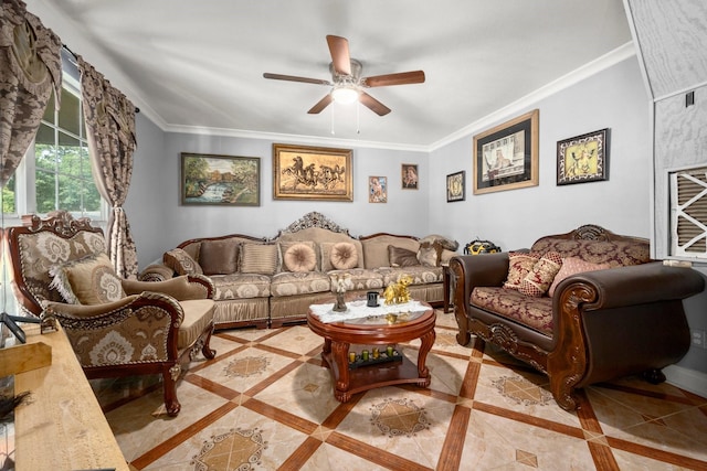 26145 Shadow Ln, New Caney, TX 77357 - living area featuring ceiling fan and crown molding