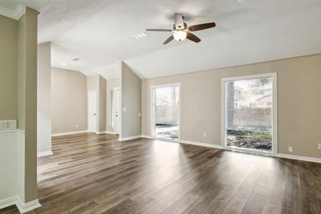 4710 N Cashel Cir, Houston, TX 77069 - unfurnished living room featuring ceiling fan, dark wood finished floors, and lofted ceiling